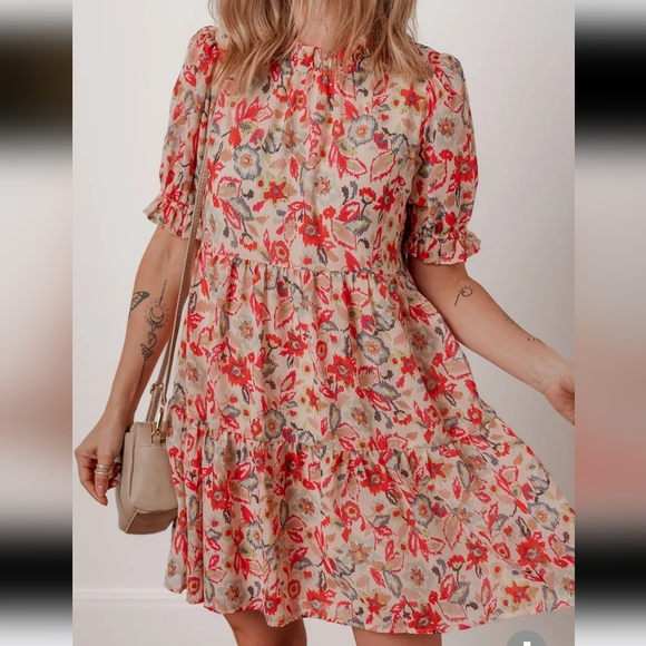Dresses & Skirts - Floral Print Frilled Neck Puff Sleeve High Waist Dress